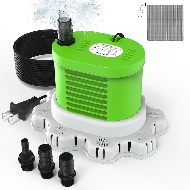 AgiiMan Pool Cover Pump Above Ground - 850 GPH Submersible Water Pump for Pool Draining, Portable Small Sump Pumps with 16' Drainage Hose and 25' Power Cord, 3 Adapters, Green - Image 1